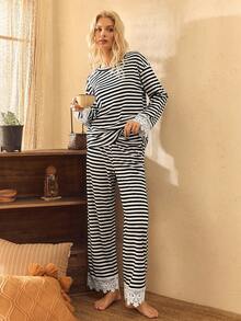 Lullawish Conjunto de pijama casual a rayas para mujer, ropa de otoño e invierno - Blanco y Negro - Ver 5