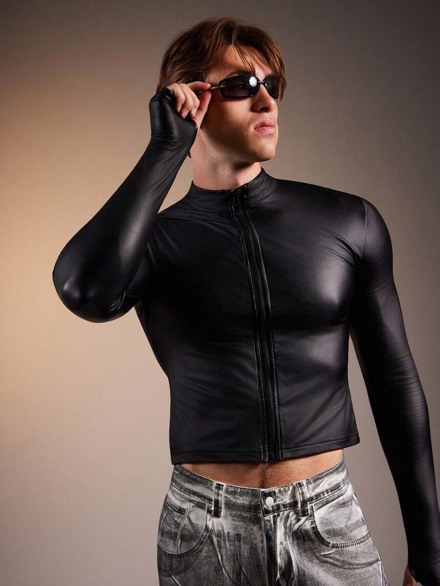 FeverCity Casual Slim Fit Solid Color Stand Collar Long Sleeve Short Men's Jacket, Fall - Black - View 1