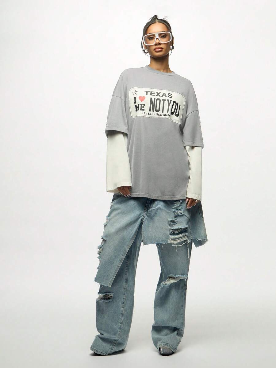 SUMWON WOMEN 双层图案 T 恤 德克萨斯印花 圆领 长袖 超大号 休闲舒适上衣 秋冬春装 - 灰色 - 查看 1