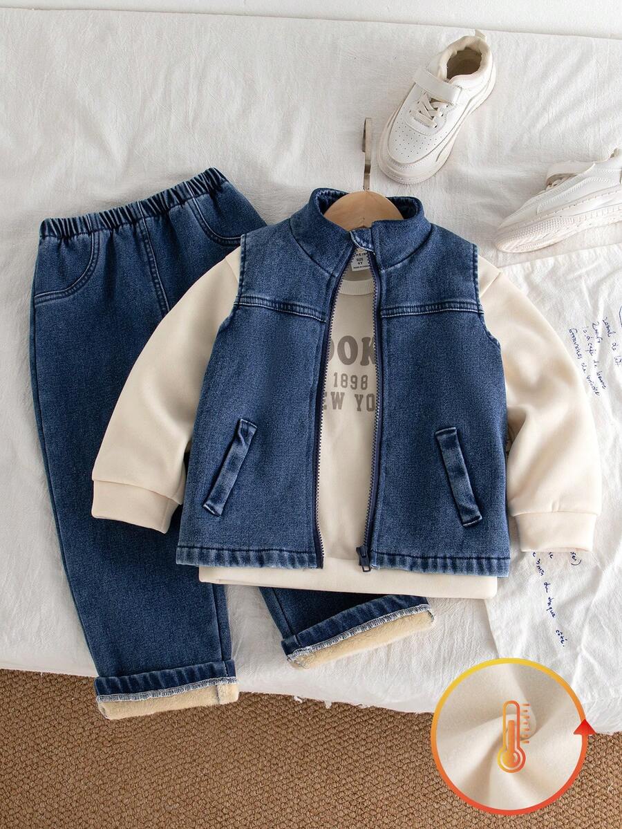 Genkimix Kids 3 件套年轻男孩秋季新款 2025 服装，圆领长袖英伦印花运动衫，拉链牛仔背心，牛仔保暖内衬裤，简约时尚街头休闲 3 件套 - 彩色 - 查看 1