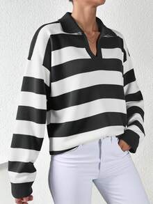 EURMUSE Áo len dệt kim dài tay dáng rộng hở vai kẻ sọc cho nữ, thường ngày cho mùa thu/đông - Màu xám đen - Xem 4