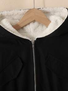 SHEIN 少女休闲时尚雪花绒连帽拉链束腰口袋长袖保暖加厚派克大衣，女童黑色派克大衣秋冬女装 - 黑色 - 查看 5
