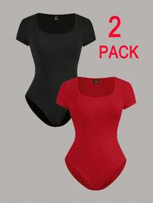 SHEIN EZwear 2件套黑色和红色加大码短袖紧身衣套装 - 紅色 - 查看 1