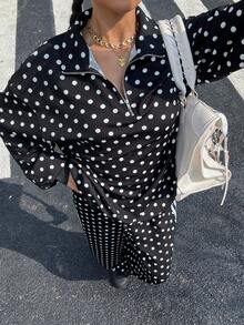 Muchica Black Christmas New Year Thanksgiving Black Polka Dot Half-Zip Long Sleeve Loose Casual Fashion Sweatshirt - Black - View 3