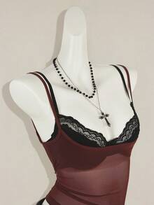 SHEIN ICON 女式红色透明吊带背心，搭配黑色蕾丝细肩带文胸，两件套 - 彩色 - 查看 6