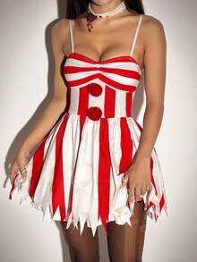 SHEIN ICON 万圣节角色扮演白色和红色派对性感小丑服装不对称下摆泡泡袖A字吊带背心裙，红白拼色 - 紅白色 - 查看 3