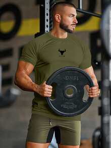 Manfinity Sport Corelite 男士舒适短袖运动压缩T恤健身上衣篮球服男士我爱我的男朋友图案男士T恤男士慢跑修身衬衫圆领 - 軍綠色 - 查看 3