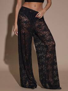 SHEIN BAE 女式纯色蕾丝拼布裤 - 黑色 - 查看 6