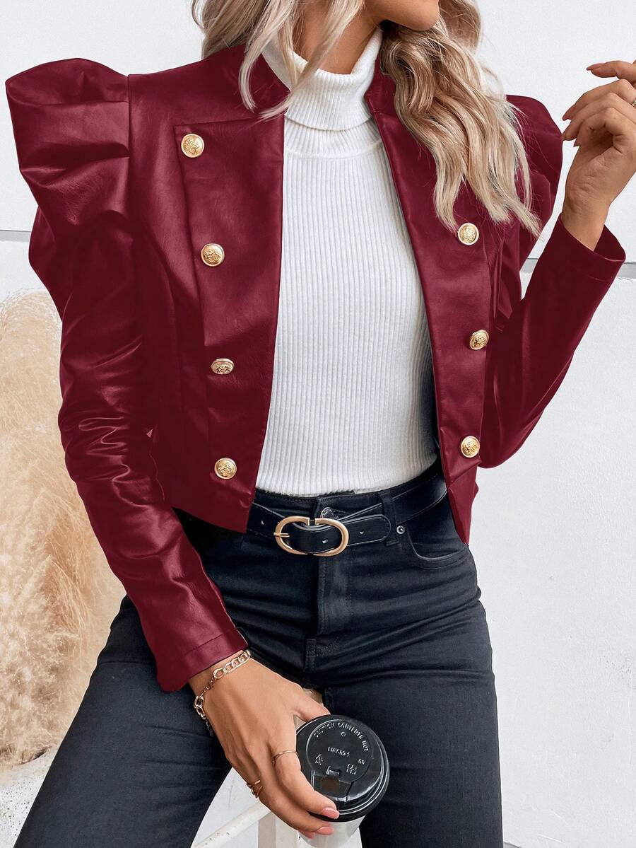 SHEIN Clasi 秋冬羊腿袖双排扣PU皮夹克 - 紅色 - 查看 1