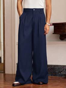 SWAVVY 男士纯色褶皱口袋休闲阔腿裤 - 藏蓝色 - 查看 1