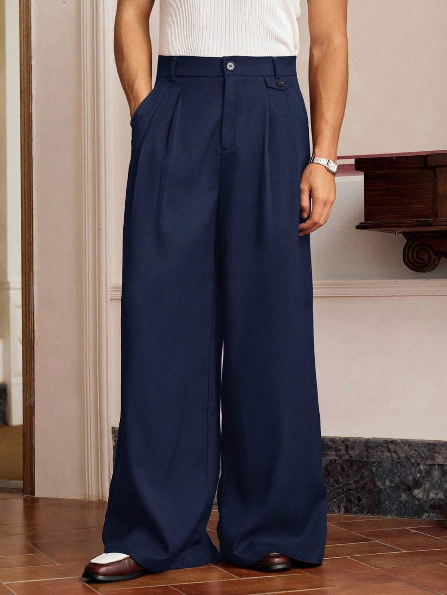 SWAVVY 男士纯色褶皱口袋休闲阔腿裤 - 藏蓝色 - 查看 1