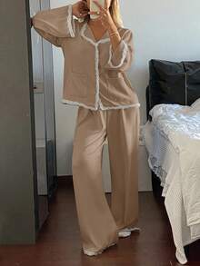 DAZY Satin Lace Ruffle Trim Women Sleep Pajama Set Spring Fall Winter Clothes - Khaki - View 3