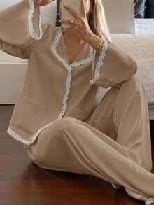 DAZY Satin Lace Ruffle Trim Women Sleep Pajama Set Spring Fall Winter Clothes - Khaki - View 4