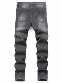 Manfinity Roughcore 前卫哥特式长款紧身牛仔裤，黑色牛仔布，红色点缀和拉链细节，红黑破洞牛仔裤，泼墨牛仔裤，男士，emo 风格 - 黑色 - 查看 2