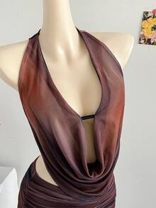 Soleia Women's Sexy Tie-Dye Print Halter Backless Knotted Ruffled Hem Mini Dress, Summer - Multicolor - View 5