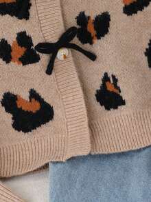 Tween 女童卡其色豹纹纽扣开衫，手工蝴蝶结，柔软舒适，适合日常、户外、旅行、度假、居家、日托和儿童玩耍冬季圣诞节万圣节 - 卡其色 - 查看 8