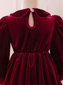 SHEIN Glamorique Kids Baby Girl Korean Velvet Peter Pan Collar Dress, Christmas Fashionable Minimalist Red Short Long Sleeve Dress - Burgundy - View 4