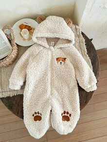 LMoss Kids 男婴针织刺绣毛绒连帽休闲连体睡衣 - 米色 - 查看 3