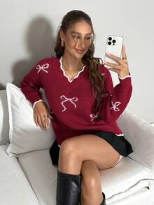 Easowa Women's V-Neck Drop Shoulder Long Sleeve Casual Bowknot Pattern Jacquard Knit Pullover Sweater,Burgundy,Autumn,School,Back-To-School Ugly Christmas - Multicolor - View 1
