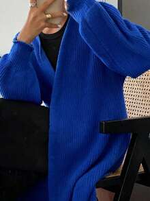 EURMUSE Women's Casual Solid Color Drop Shoulder Cardigan, Autumn/Winter - Blue - View 5