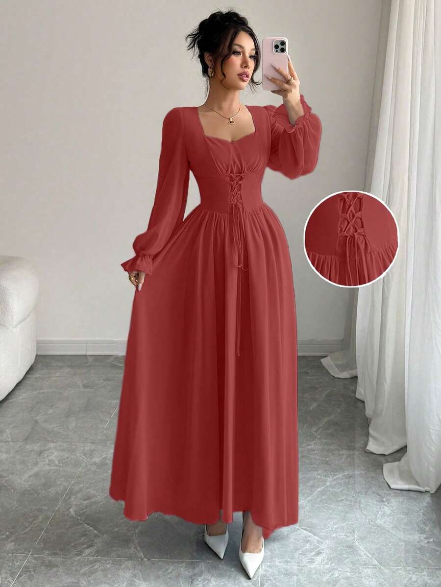 Modelyn Vestido elegante de cor sólida, decote coração, com amarração, manga comprida e cintura marcada, chique francês - Rosa Melancia - Ver 1