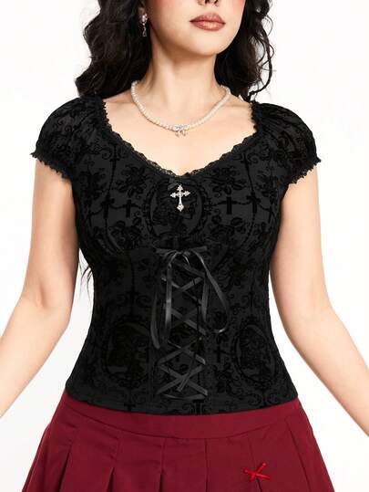 Fairycore Women's Flocked Fabric Retro Palace Style Bowknot Lace Trimmed T-Shirt