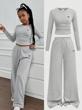 SHEIN Set da 2 pezzi per ragazze pre-adolescenti, composto da top a maniche lunghe e pantaloni, con motivo a farfalla, colore grigio chiaro