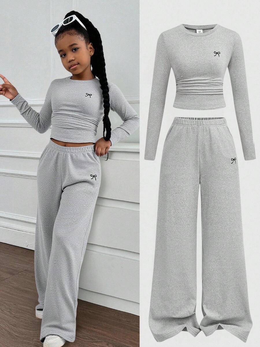 SHEIN Tween Girls Versatile Butterfly Pattern Long Sleeve Top And Pants 2 Pieces Set, Light Grey Teen Two Piece Long Sleeve Set Teen Pants Set 2 Piece Sets Woman Girls Two Piece Outfit Long Sleeve Crop Top And Pants Set/Halloween,Fall,Winter,Autumn,Christmas,Y2k,Summer,Pink Set Outfit For Women Girld Outfit Set Full Outfit Set Clothes Set Grey Girl S Outfit