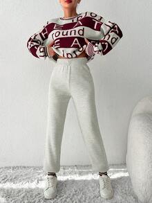 EURMUSE Women Letter & Stripe Pattern Round Neck Long Sleeve Top And Solid Color Pants Sweater Set - Multicolor - View 3