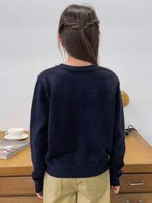 DAZY Tween Girl Round Neck Long Sleeve Button Front Knit Casual Cardigan - Navy Blue - View 5