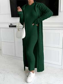 SHEIN Maxi Hoodie Cardigan And Dress Knit Set