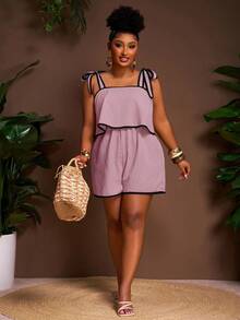 Veslaya 秋冬新品，女士秋冬服装，万圣节，音乐节，复活节，西部风，游牧风，生日派对，毕业典礼，学生装，日常休闲，度假，邮轮旅行，海滩，日光浴，时尚，大码女装卡其色罗纹吊带连体裤，黑色撞色两件套短款套装，早午餐两件套，休闲两件套，夏季两件套，女士舒适两件套 - 紫色 - 查看 5