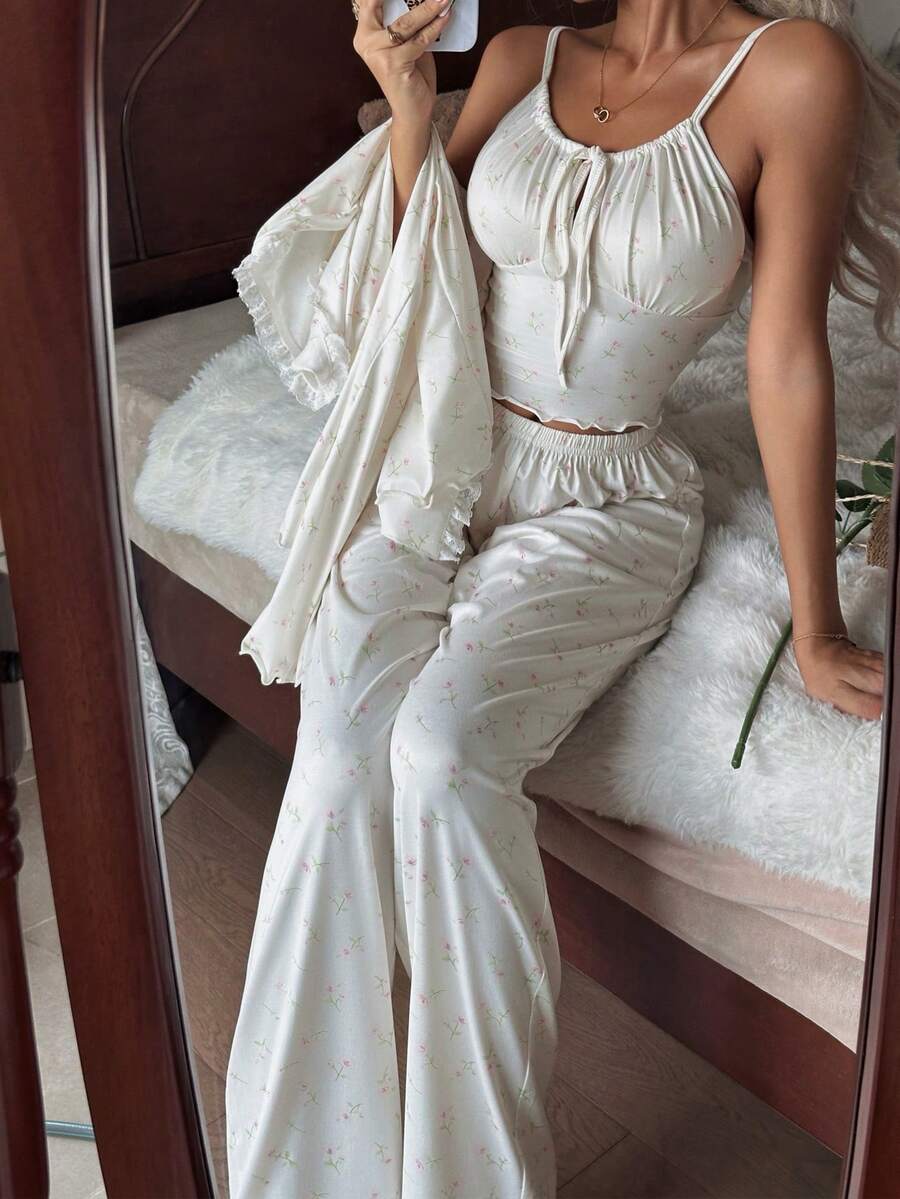 CottageSlumber 3 Peças Conjunto de Camisola, Calça e Roupão Romântico com Renda Floral e Laço, Roupas de Inverno e Outono para Mulheres - Damasco - Visão 1