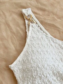 Soleia 女士夏季度假米色针织提花纹理单肩修身下摆开衩抽绳褶饰吊带背心，适合派对、约会、情人节、复活节、狂欢节、下午茶、海滩、游轮、城市街头度假 - 白色 - 查看 3