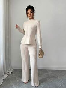 Elenzga 2pcs Women Casual Long Sleeve T-Shirt And Pants Set, Thermal Lined, Autumn/Winter - Apricot - View 5