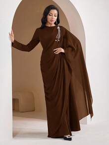 Veilorie Women's Rhinestone Decor Round Neck Pleated Elegant Arabic Style Dress - Mocha Brown - View 4