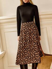 Écloséra 时尚法式复古高领保暖内衬黑色长袖上衣和豹纹A字纽扣裙，女士秋冬两件套，时尚优雅女士套装，别致感恩节服装，新年服装两件套。 - 黑色 - 查看 6