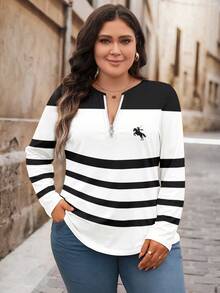 EMERY ROSE Plus Size Loose Fit Half Zip Round Neck Long Sleeve T-Shirt,Spring/Summer/Vacation - Black and White - View 4