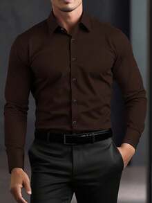 Manfinity Mode 男士休闲百搭纯色长袖衬衫 - 棕色 - 查看 3