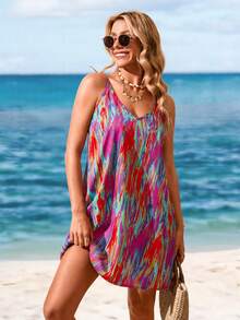 Sylviya 女士休闲度假彩色扎染印花迷你连衣裙，适合春夏季度假