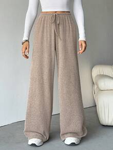 SHEIN Tall 女式罗纹拉绒阔腿裤，适合秋冬季 - 卡其色 - 查看 3