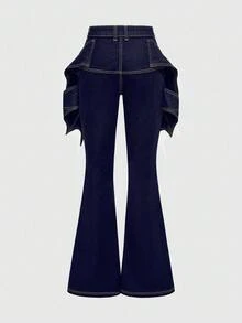 ROMWE Goth Gotisk stil Halloween-fladdermusvingdesign för kvinnor med utsvängda jeans - Kungsblått - Visa 2