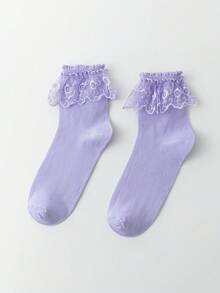 ROMWE Kawaii Women's Solid Color Cute Ruffle Trim Ankle Socks - Mauve Purple - View 2