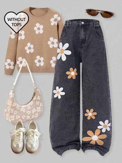 SHEIN ChillGRL Y2K 风格少女休闲可爱复古 2000 年代波西米亚花卉图案套头衫和刺绣宽松阔腿牛仔裤套装，适合秋冬季、日常穿着、学校、通勤、派对、居家、度假、返校季