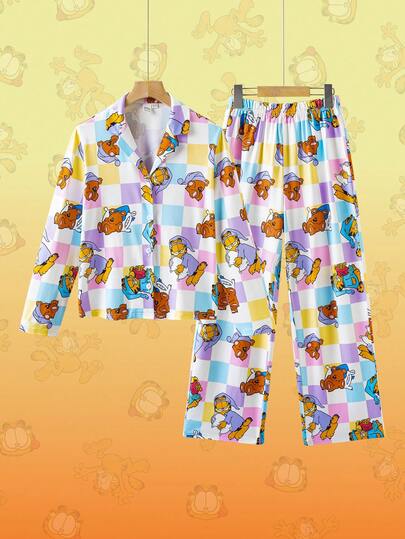 GARFIELD | SHEIN 少女卡通熊彩色格纹全印花翻领长袖上衣和阔腿裤秋冬睡衣套装