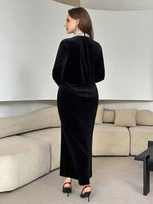 Modelyn Plus Size Elegant Dress With Beaded Collar Patchwork - Black - View 2