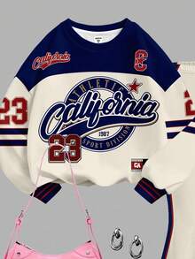 SHEIN Leap Crew 复古美式学院风运动套装，数字23印花，青少年女孩休闲宽松圆领长袖卫衣和喇叭裤两件套，返校季，2000年代风格，Y2K，韩版风格，秋季服装，返校节 - 彩色 - 查看 4