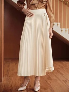 Uhlyne Uhlyne Women's Fashion Minimalist Buckle Detail Pleated Skirt - Apricot - View 2