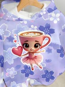 女童休闲时尚创意卡通杯子和芭蕾女孩爱心图案印花连帽卫衣，百搭秋冬 - 彩色 - 查看 5