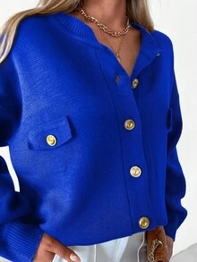 EURMUSE Solid Color Drop Shoulder Cardigan - Blue - View 5